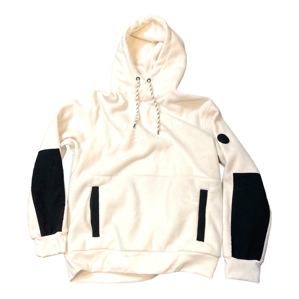NWOT‎ American Eagle Outfitters Off White Hoodie Pullover with Patches on Arms L